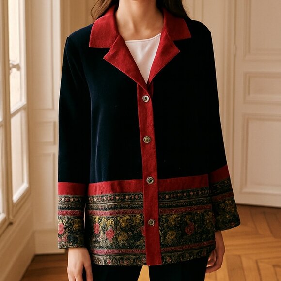 Coldwater Creek Black Red Gold  Velvet Taffeta Brocade Jacket Blazer Topper Larg - Picture 1 of 11